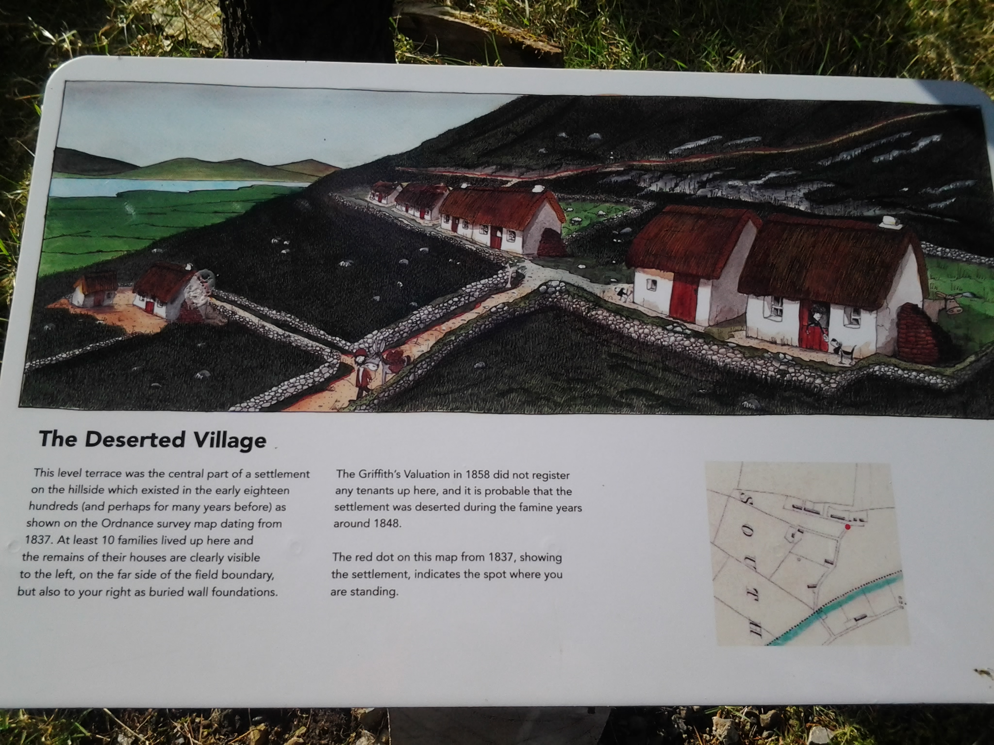 Deserted village information sign on the Eastern approach.